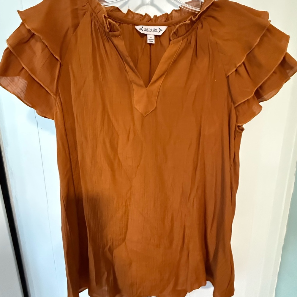 Nanette Lepore Women's Ruffled Sleeve Top in Rust size small